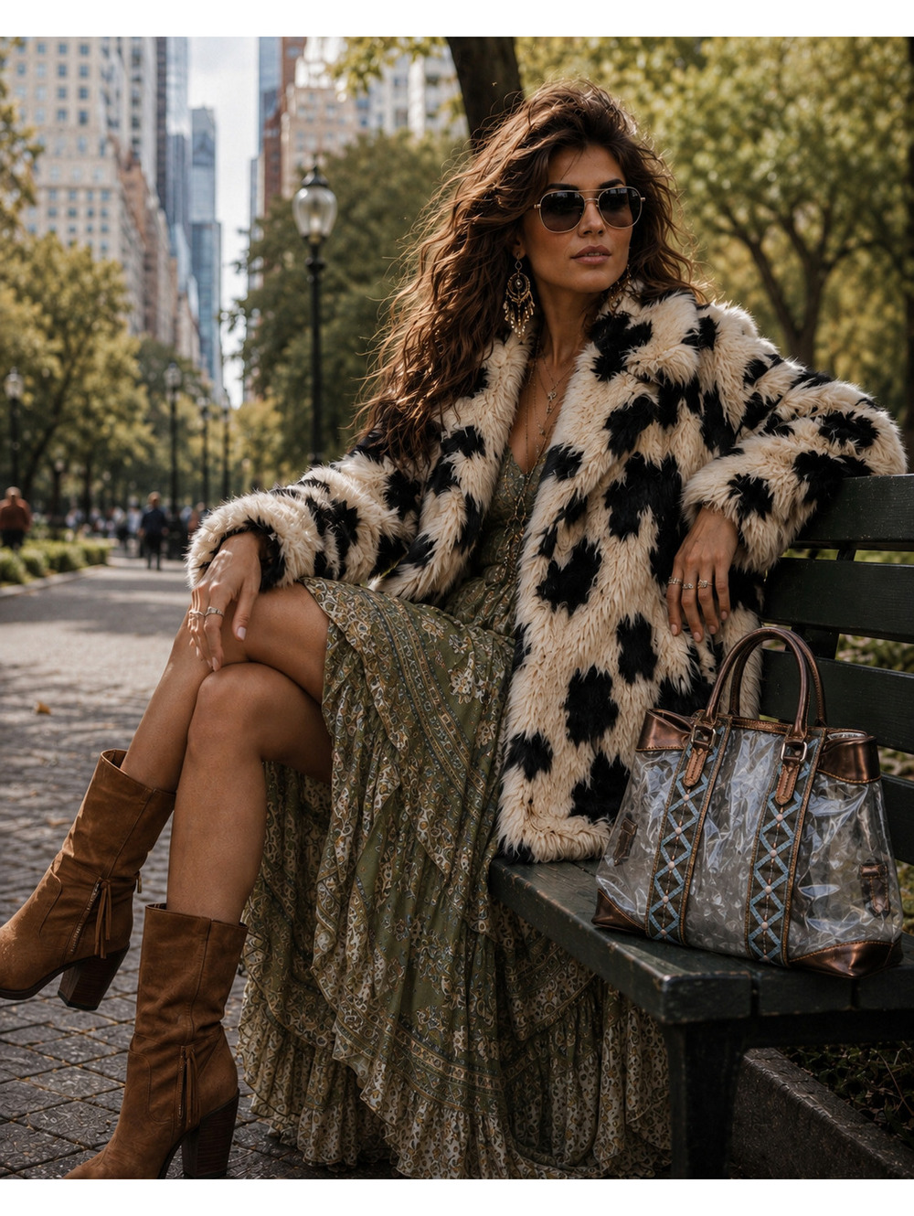 Free People Jade Spotted Faux Fur Coat | Black & Cream | Medium